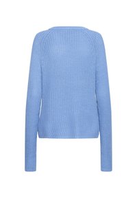 Pull tricoté bleu clair à manches longues vu de dos sur un fond blanc uni.