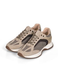 Beige suède sneakers met een mesh-paneel, donkere accenten en een dikke witte zool met een rubberen loopvlak in bruin. Klassiek vetersluiting ontwerp.