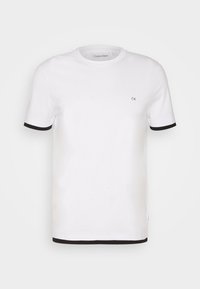 T-shirt bianca in cotone con colletto e maniche nere. Presenta un piccolo logo "CK" sul petto. Design semplice, vestibilità standard.