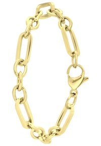 Gouden metalen kettingarmband met afwisselende ovale en rechthoekige schakels, voorzien van een kreeftsluiting. Gladde, glanzende textuur.