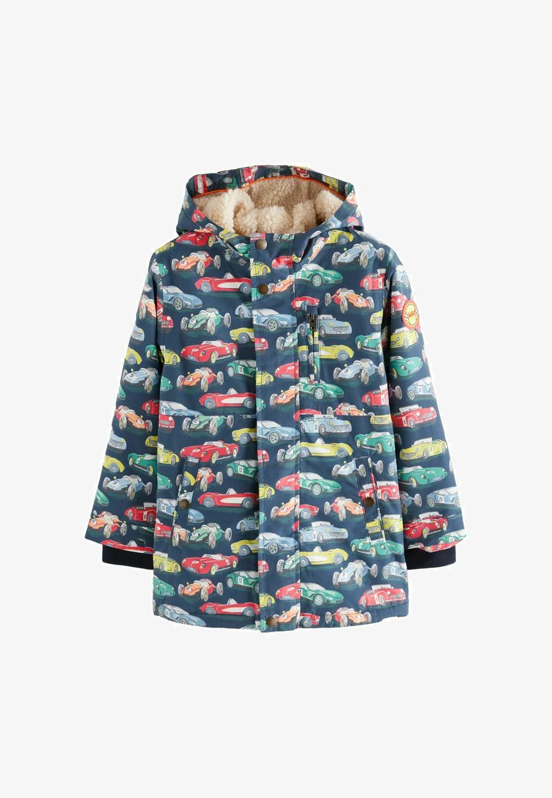 Children's quilted jacket features a blue background with colorful car illustrations, a hood, and a soft, textured lining.