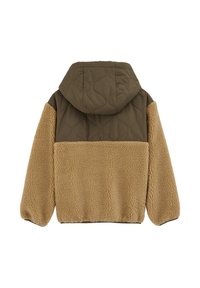 Khaki színű steppelt dzseki kapucnival, texturált bézs műszőrme ujjakkal és hátrésszel, steppelt felső résszel és elasztikus mandzsettákkal.