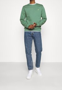 Sudadera verde con cuello redondo, puños y dobladillo acanalados; combinada con jeans azules y zapatillas altas blancas, de pie contra un fondo liso.