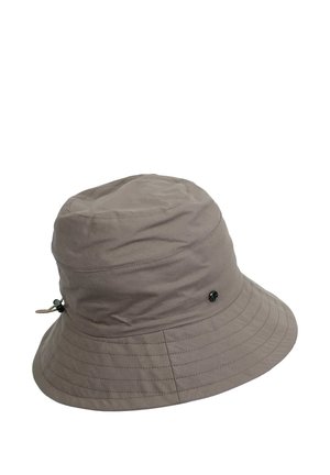 Pruun bucket hat tekstuuriga kangast, millel on lai äär, õmblustega detailid ja mustade metallist aktsentidega nöör.