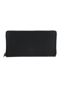 Black leather wallet with a smooth texture, rectangular shape, zip closure, and embossed branding on the front.