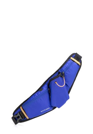 Sac banane bleu avec plusieurs poches zippées, bords noirs, cordon orange et logo "WITTCHEN" sur la poche avant, fermeture à boucle en plastique noir.