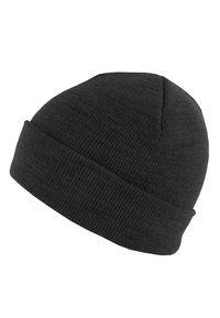 Knitted beanie hat in dark gray, featuring a ribbed texture, close-fitting design, and a folded cuff. No visible logos or patterns.