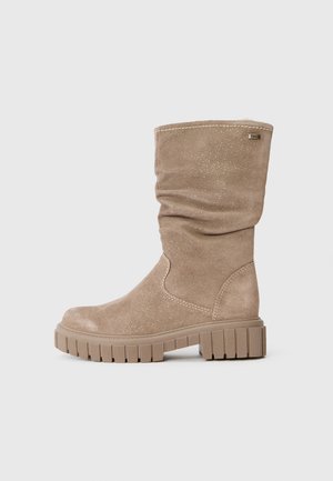 Beige Wildleder-Stiefelette mit einem lässigen Design, strukturiertem Finish, gerippter Gummisohle und einem dezenten Glitzereffekt. Mit gesteppte Details akzentuiert.