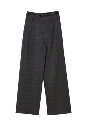 Pantaloni a gamba larga in grigio scuro a quadri, con una fascia in vita liscia, due tasche frontali e un tessuto a trama.