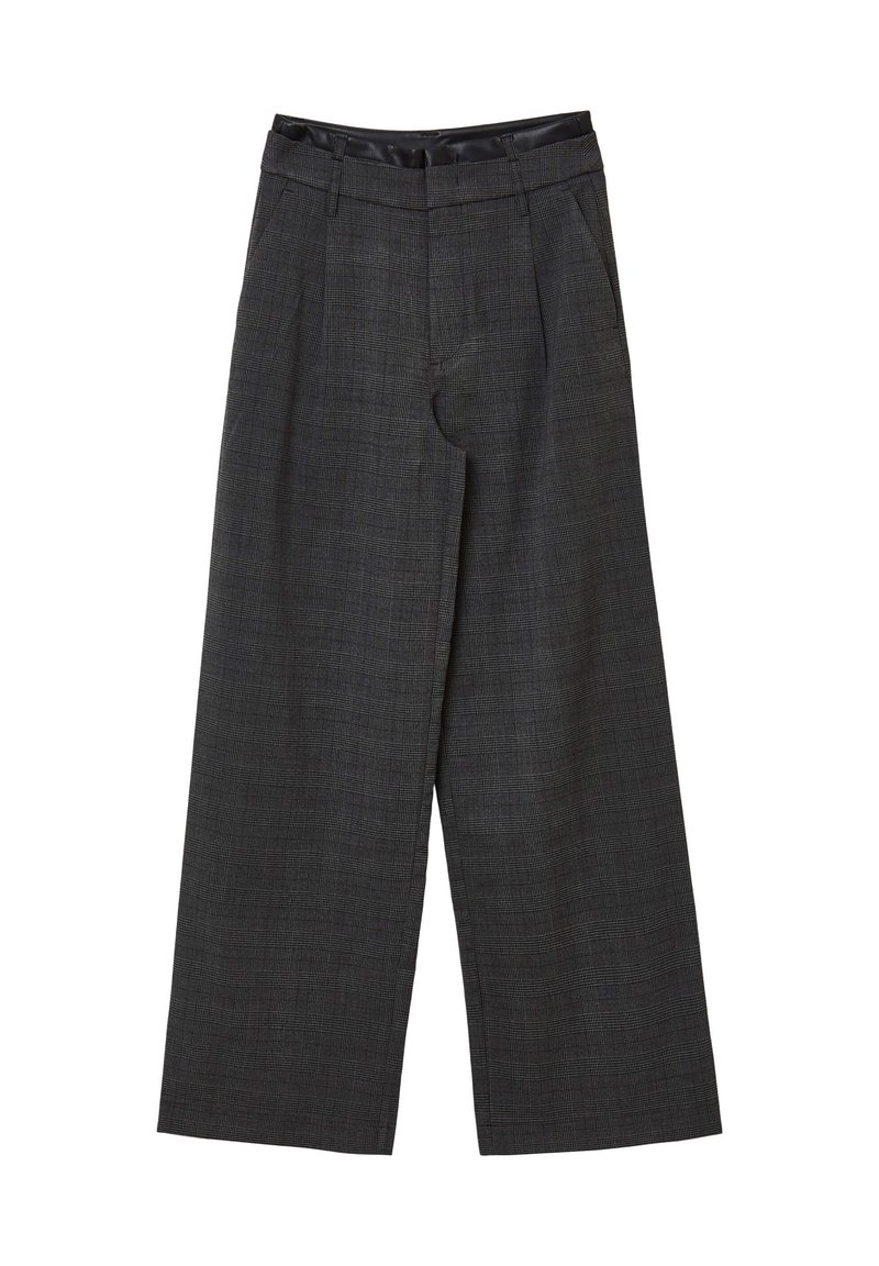 Pantaloni a gamba larga in grigio scuro a quadri, con una fascia in vita liscia, due tasche frontali e un tessuto a trama.