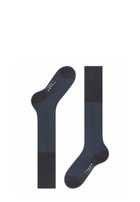 Calze blu marino con strisce orizzontali in diverse tonalità di blu, texture liscia e rinforzi nelle punte e nei talloni.