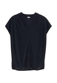Top azul marino con mangas cortas, que presenta un escote en V y intrincados patrones geométricos recortados en todo su diseño. Tela suave y ligera.