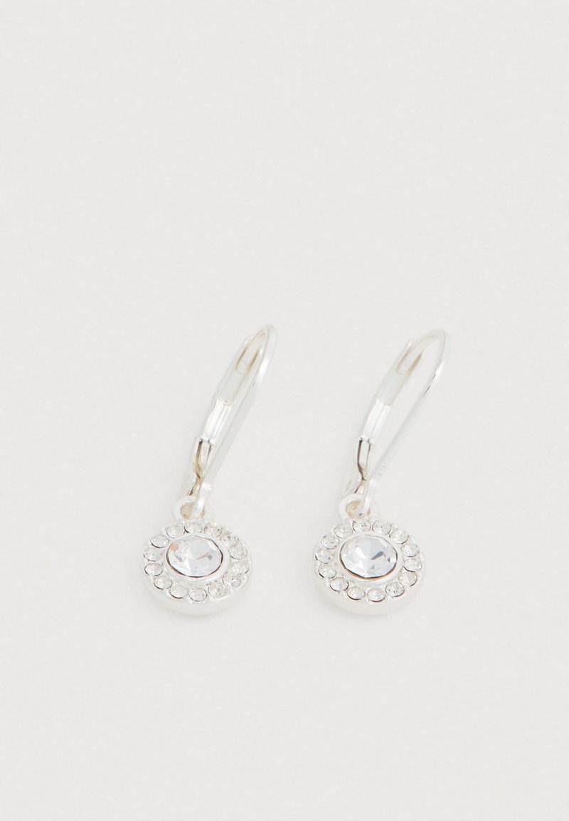 Sidabriniai lankelio formos auskarai su apvaliu dizainu, kuriame centre yra skaidrus akmuo, apsuptas mažesnių akcentų. Lygi apdaila, lengvi.
