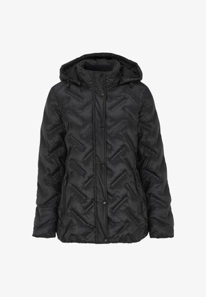 Schwarze gesteppte Puffjacke mit Kapuze, vorderen Druckknöpfen, seitlichen Reißverschlusstaschen und diagonaler Steppnaht.