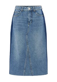 Jeansrock in Hellblau mit geradem Schnitt, vorderer Schlitze, Fünf-Taschen-Design und Gürtelschlaufen für eine verstellbare Passform.