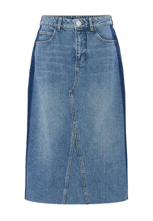 Gonna di jeans azzurri con taglio dritto, spacco frontale, design a cinque tasche e passanti per cintura per una vestibilità regolabile.
