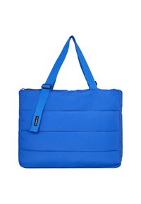 Blauwe tas met een quiltontwerp, voorzien van lange hengsels en een ritsluiting. Gemaakt van soepel, lichtgewicht materiaal.