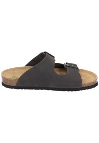 Black leather slide sandal with a cork footbed, each strap featuring a rectangular metal buckle, textured outsole for grip.