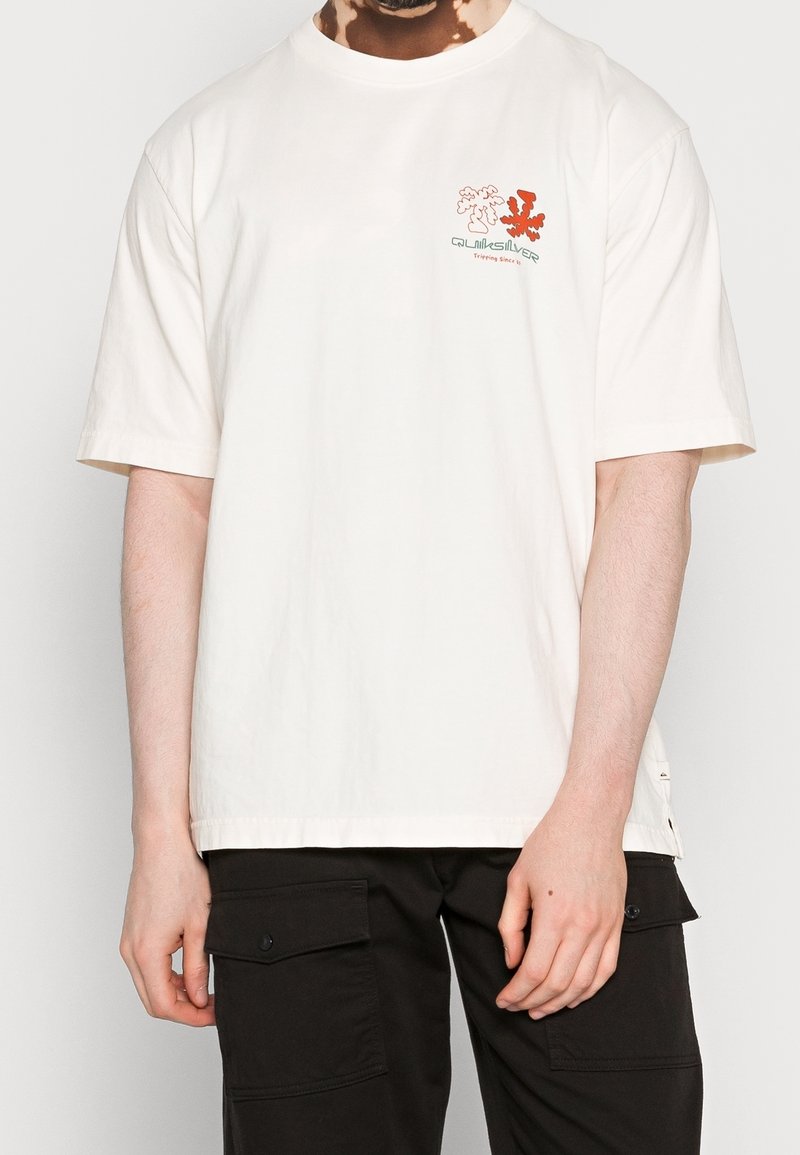 Krämfärgad t-shirt med kort ärm i bomull, med en framstående grafisk tryck i rött och grönt. Loose fit med rundad halsringning.