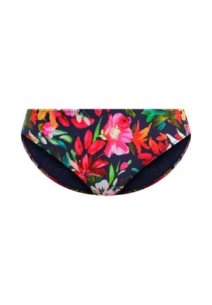 Bloemenbikini-onderstuk met een donkerblauwe achtergrond en levendige roze, rode en groene bloemen. Gladde stof en ontwerp met middelmatige bedekking.
