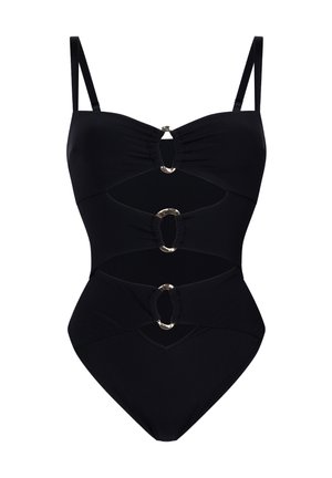 Black one-piece swimsuit with three front cutouts connected by silver O-ring accents and adjustable shoulder straps.