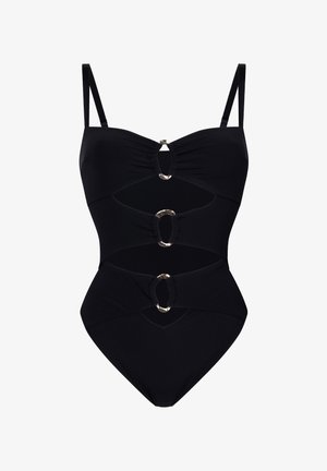 Black one-piece swimsuit with three front cutouts connected by silver O-ring accents and adjustable shoulder straps.