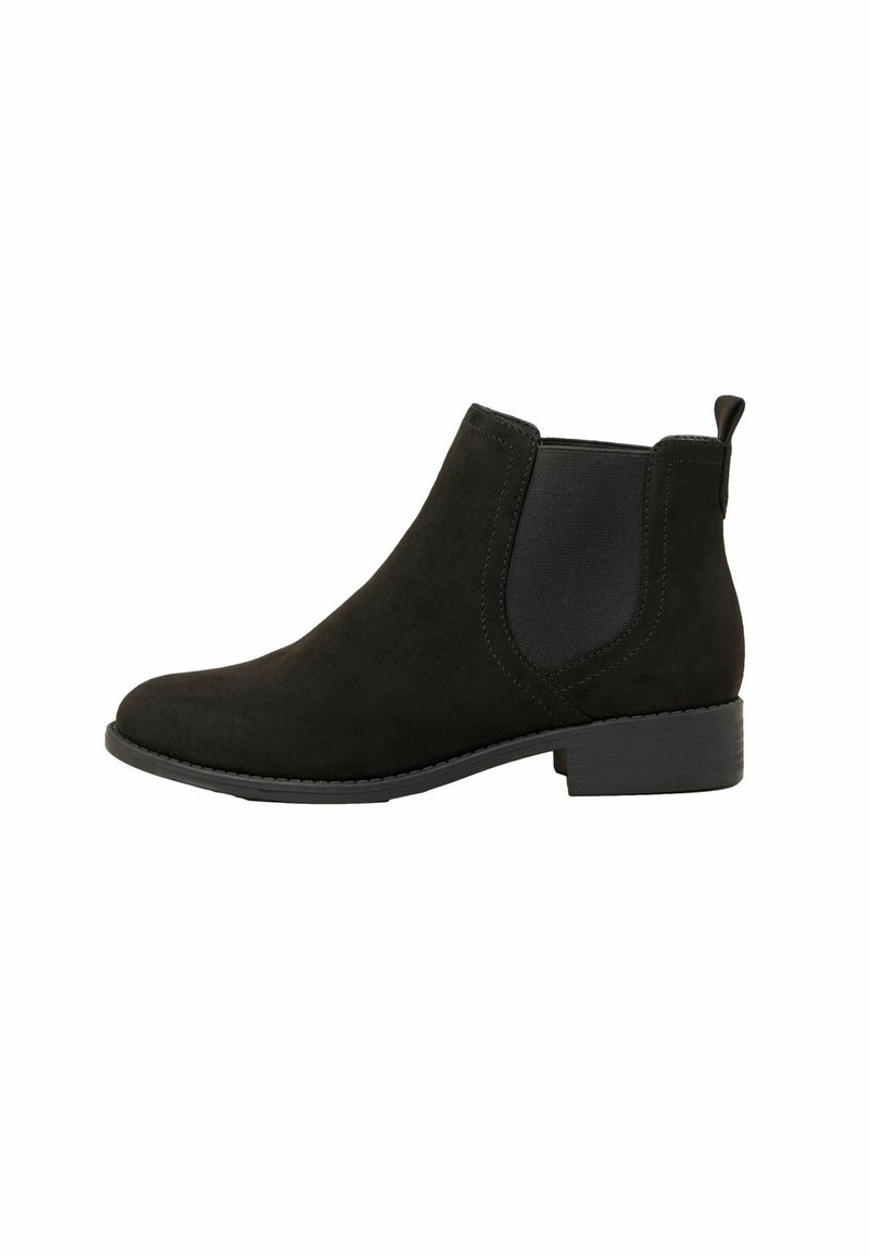 Botine negre din suede, cu panouri elastice pe lateral, vârf rotund și toc mic din cauciuc. Include un capac pentru a fi îmbrăcate cu ușurință.