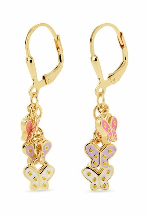 Gold-tone hoop earrings with three hanging butterfly charms in pink, purple, and white enamel with yellow dot details.