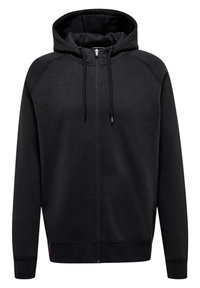 Svart zip-up hoodie tillverkad av mjukt tyg, med fodrad huva, dragsko och ribbade muddkanter och nederkant. Enkel, funktionell design.