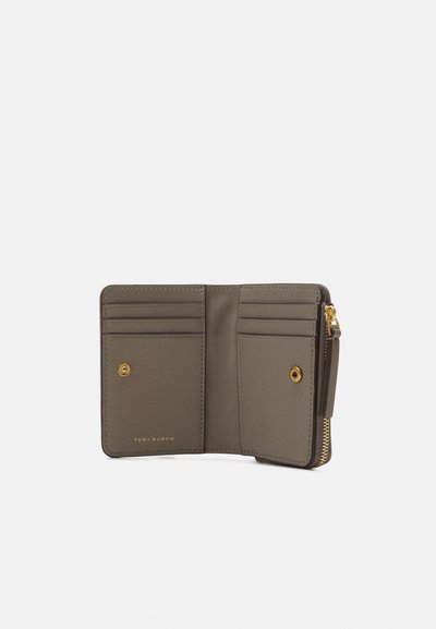 Leather card holder in olive green with gold-tone hardware, featuring multiple card slots, a zippered compartment, and a logo embossing.
