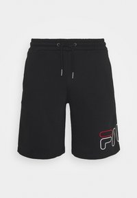 Black drawstring shorts with elastic waistband and FILA logo in red and white on the lower left leg.