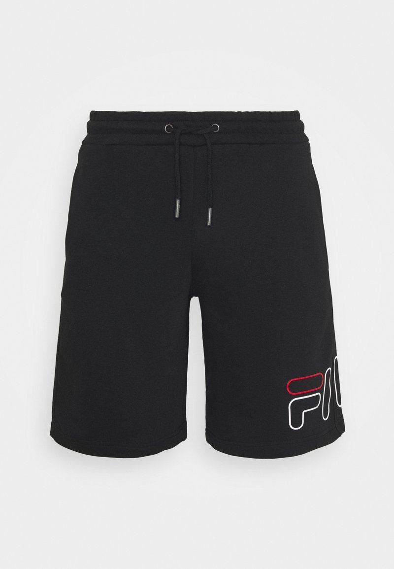 Black drawstring shorts with elastic waistband and FILA logo in red and white on the lower left leg.
