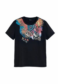Black cotton t-shirt featuring a colorful butterfly design with blue, orange, and white accents, round neckline, and short sleeves.