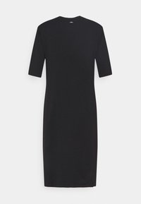 Robe noire à manches courtes avec un col rond, longueur au genou, réalisée dans un tissu lisse avec un design simple sans motifs ni accents visibles.