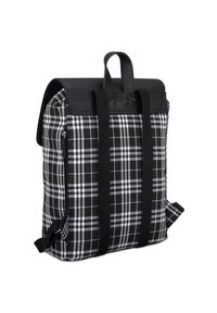 Black and white plaid backpack with a structured shape, synthetic leather top, two black straps, and a side zipper pocket.