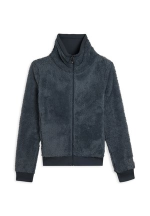 Giacca in pile con zip di colore grigio scuro, colletto alto, superficie testurizzata e polsini aderenti. Materiale morbido con un aspetto accogliente e soffice.