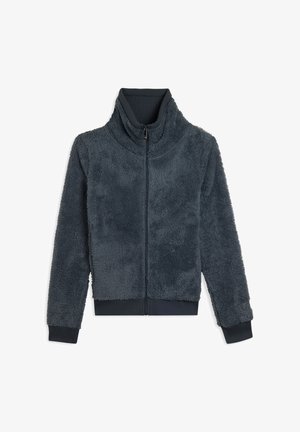 Giacca in pile con zip di colore grigio scuro, colletto alto, superficie testurizzata e polsini aderenti. Materiale morbido con un aspetto accogliente e soffice.
