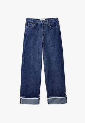 Breda jeans med vida ben i mörkblått, med en klassisk femficksdesign, sydd fåll och uppvikta ärmar för extra textur.