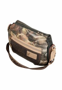 Strukturierte, mehrfarbige Schultertasche mit gemustertem Stoff und synthetischen Seiten. Verfügt über einen langen, verstellbaren Riemen und zwei Reißverschlussfächer.