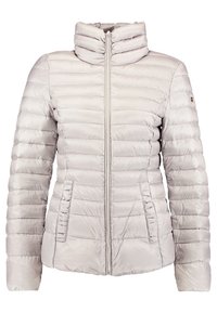 Jasnoszara kurtka puchowa z wysokim kołnierzem, pełnym zamkiem błyskawicznym i bocznymi kieszeniami. Posiada pikowany wzór oraz marszczone detale z przodu.