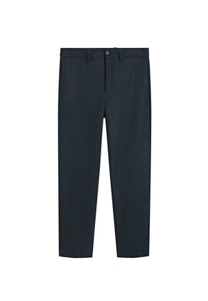 Granatowe spodnie w paski, o prostym kroju, z płaskim przodem i zapięciem na guzik. Wykonane z gładkiego materiału o subtelnej teksturze.
