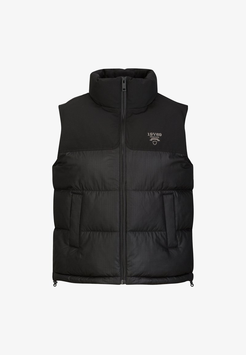Schwarze Steppweste mit hohem Kragen und Frontreißverschluss. Verfügt über zwei Seitentaschen und ein dezentes Logo auf der Brust. Strukturiertes Gewebe.