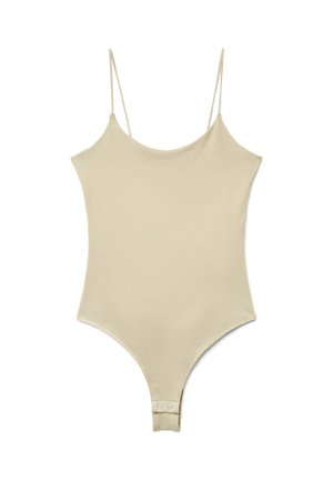 Body beige senza maniche con sottili spalline e bottoni a pressione all’interno gamba su sfondo bianco.