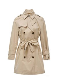 Manteau trench beige en tissu mélangé coton, avec un design croisé, une taille ceinturée et des épaulettes aux épaules.