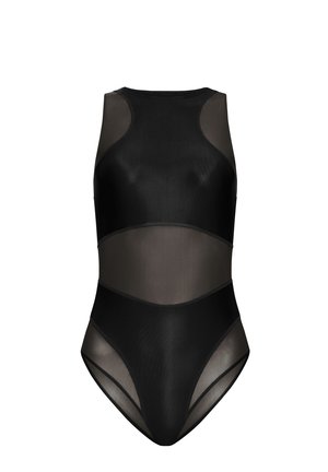 Zwarte tankini met gaaspanelen, met een hoge halslijn, mouwloos ontwerp en een getailleerde pasvorm.
