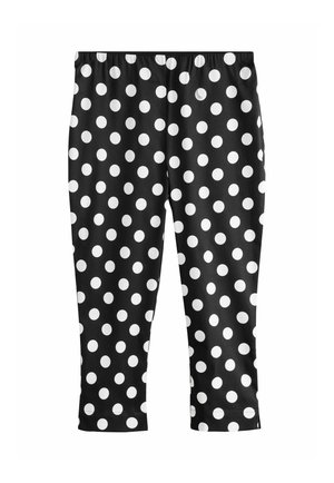 Pantalon court noir à pois blancs, taille élastique et coupe droite.