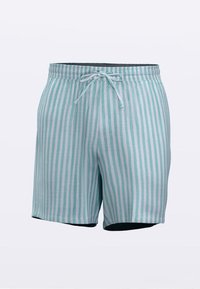 Shorts de bain rayés bleu clair et blanc avec une taille élastique et un cordon de serrage. Dessous noir et texture de tissu douce.