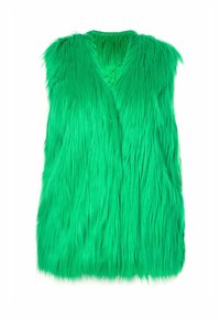 Grön faux fur väst med sjalkrage, med långa, texturerade strån och en öppen frontdesign, vilket ger ett mjukt, voluminöst utseende.