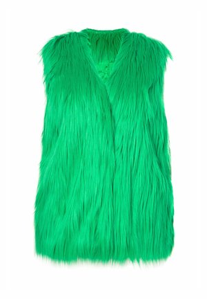 Gilet in pelliccia ecologica verde con colletto a scialle, caratterizzato da lunghe ciocche testurizzate e design aperto, che offre un aspetto morbido e voluminoso.
