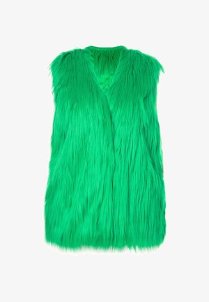 Green faux fur vest with a shawl collar, featuring long, textured strands and an open front design, providing a soft, voluminous appearance.